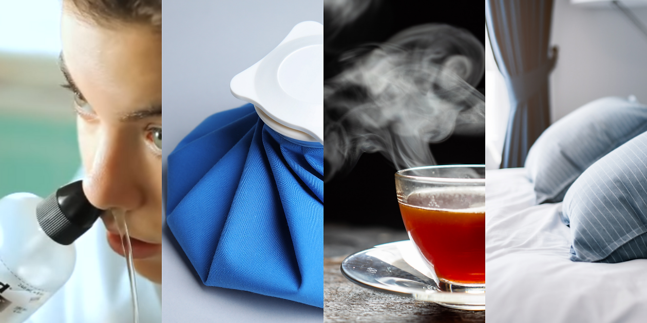 A woman using a NeilMed sinus rinse. A bag of compress. A cup of hot tea. A bed with two pillows by the head board.