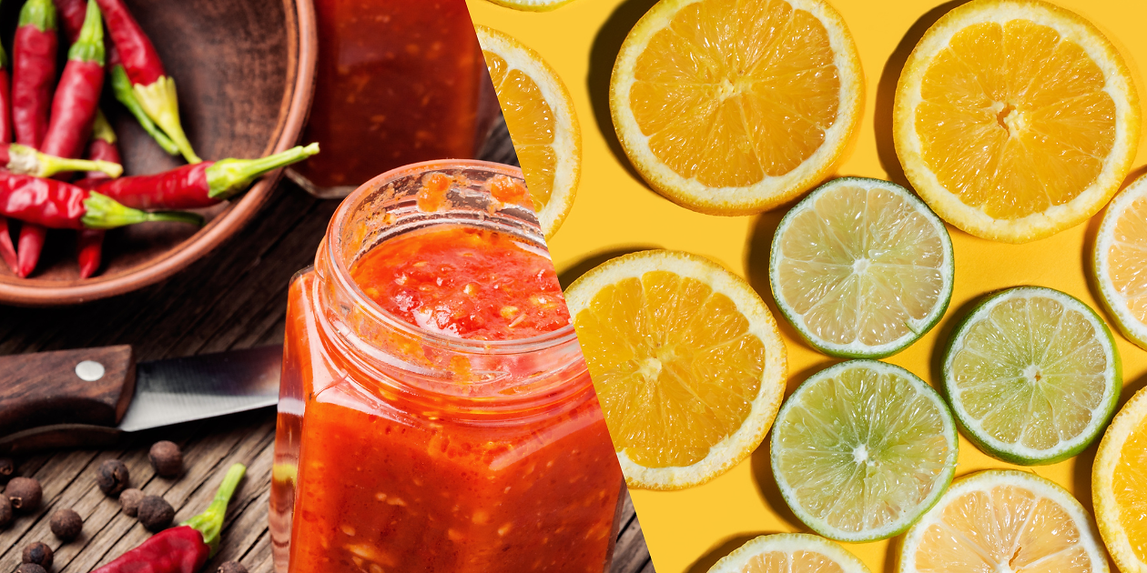 Food to avoid after a tonsillectomy: A jar of spicy seasoning & slices of citrus fruit.